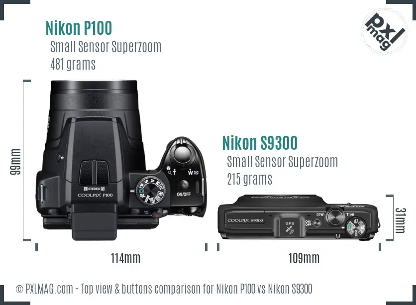 Nikon P100 vs Nikon S9300 top view buttons comparison