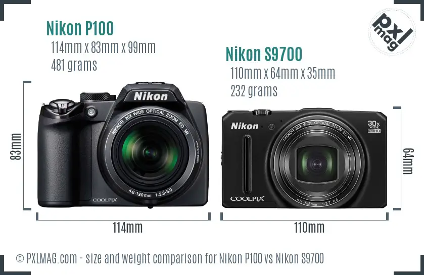 Nikon P100 vs Nikon S9700 size comparison