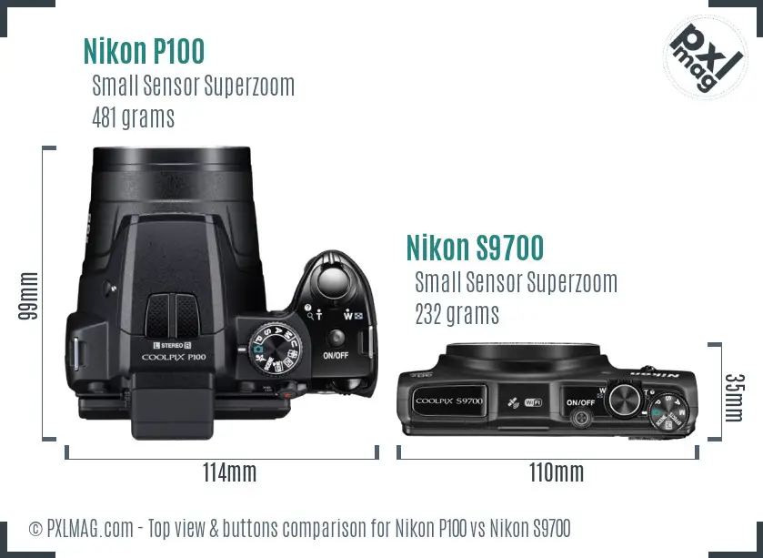 Nikon P100 vs Nikon S9700 top view buttons comparison