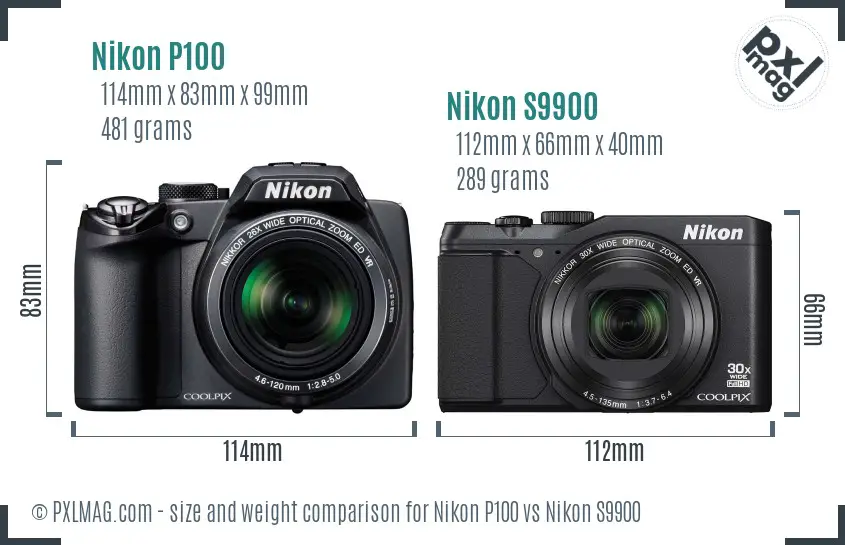 Nikon P100 vs Nikon S9900 size comparison