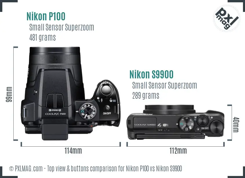 Nikon P100 vs Nikon S9900 top view buttons comparison