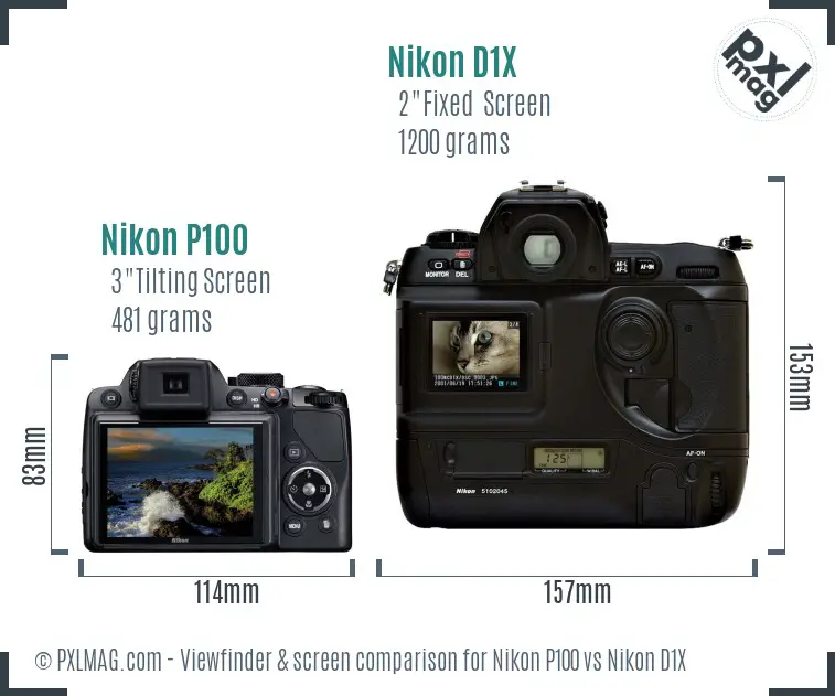 Nikon P100 vs Nikon D1X Screen and Viewfinder comparison