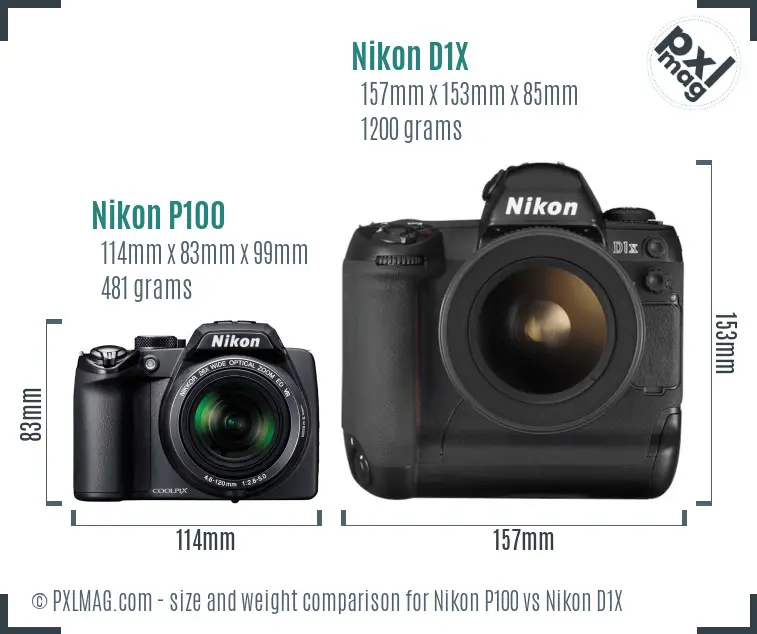 Nikon P100 vs Nikon D1X size comparison