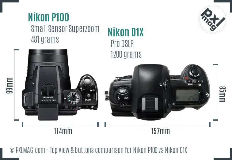 Nikon P100 vs Nikon D1X top view buttons comparison
