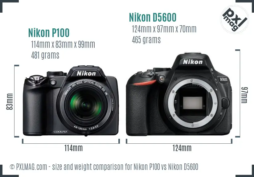Nikon P100 vs Nikon D5600 size comparison