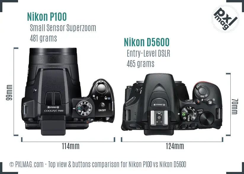 Nikon P100 vs Nikon D5600 top view buttons comparison