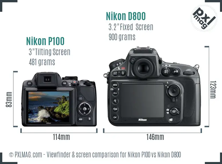 Nikon P100 vs Nikon D800 Screen and Viewfinder comparison