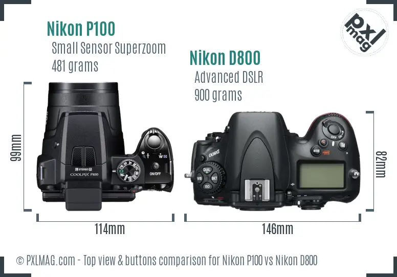 Nikon P100 vs Nikon D800 top view buttons comparison