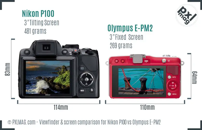 Nikon P100 vs Olympus E-PM2 Screen and Viewfinder comparison
