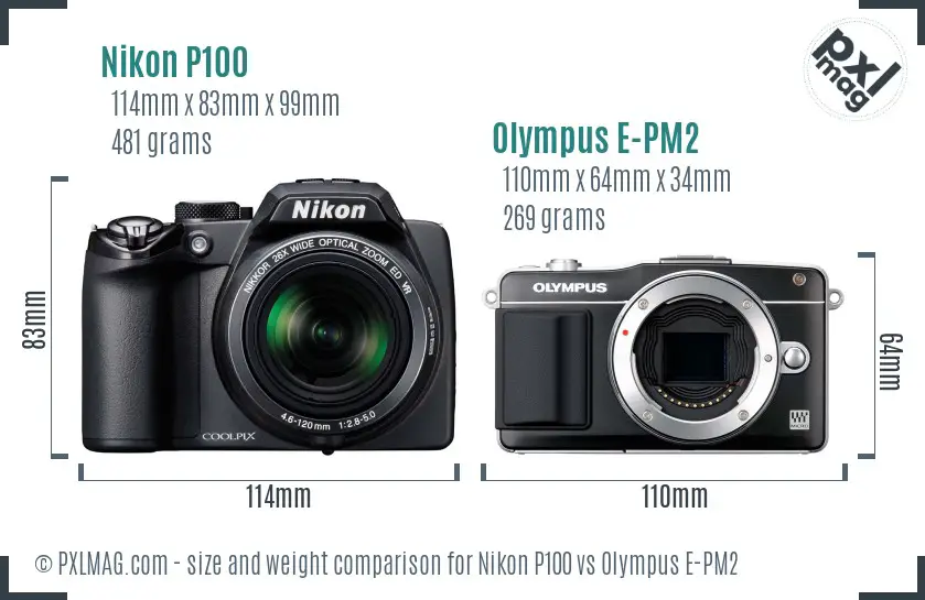 Nikon P100 vs Olympus E-PM2 size comparison