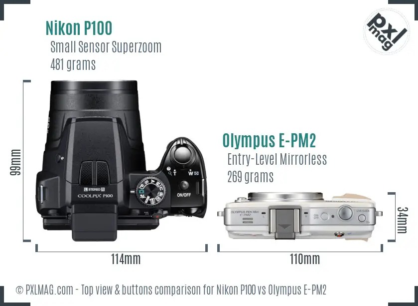 Nikon P100 vs Olympus E-PM2 top view buttons comparison