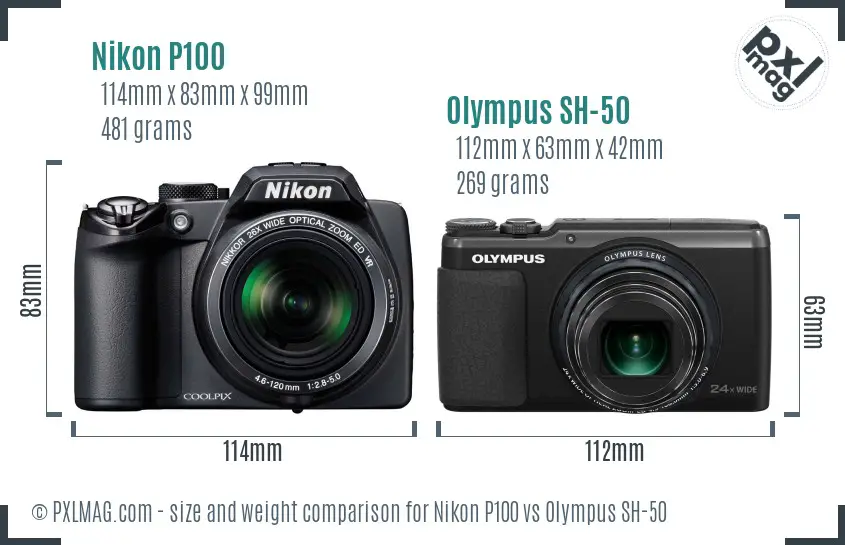 Nikon P100 vs Olympus SH-50 size comparison