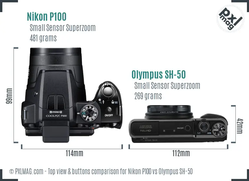 Nikon P100 vs Olympus SH-50 top view buttons comparison