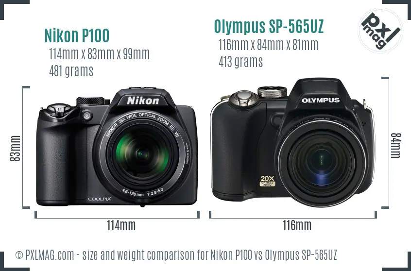 Nikon P100 vs Olympus SP-565UZ size comparison