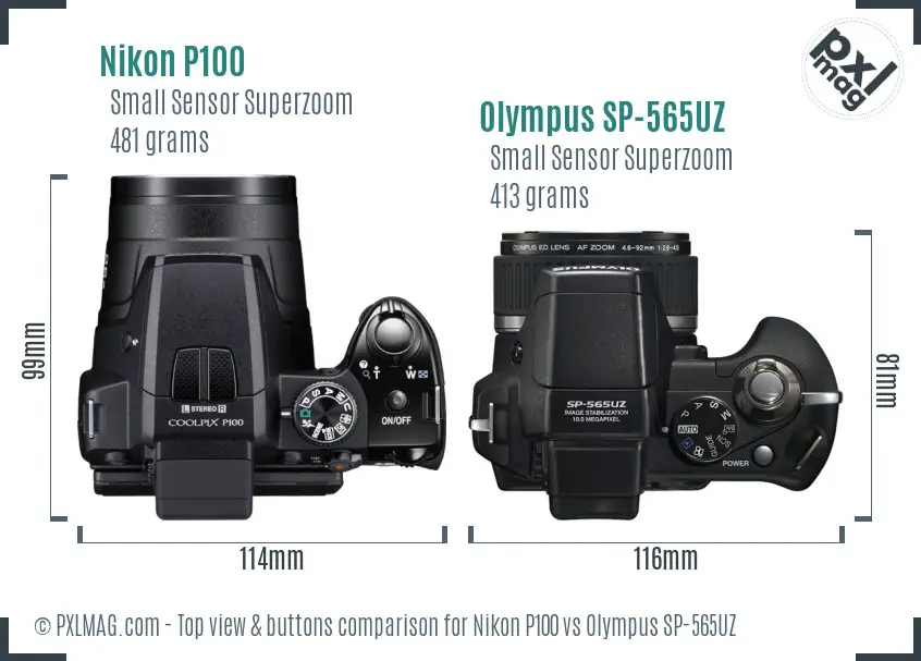 Nikon P100 vs Olympus SP-565UZ top view buttons comparison
