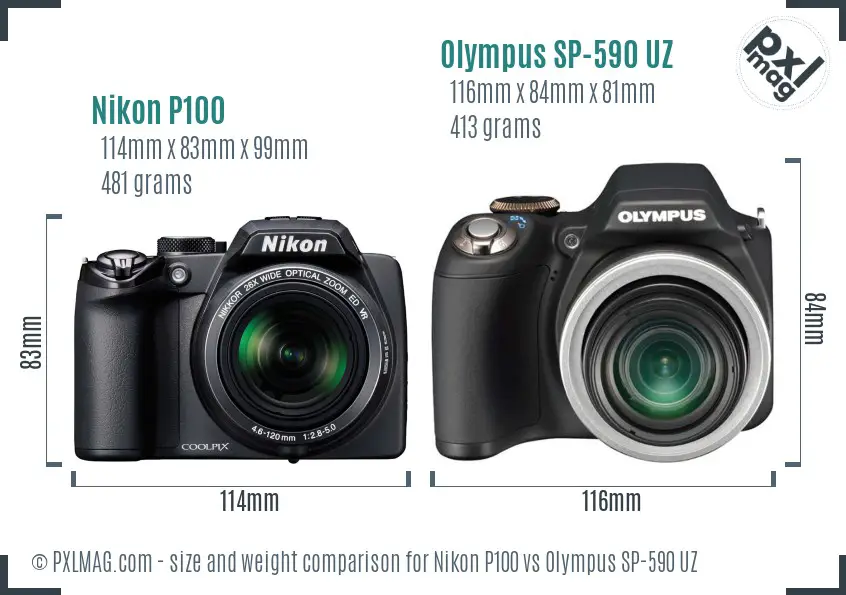 Nikon P100 vs Olympus SP-590 UZ size comparison Nikon P100 vs Olympus SP-590 UZ size comparison