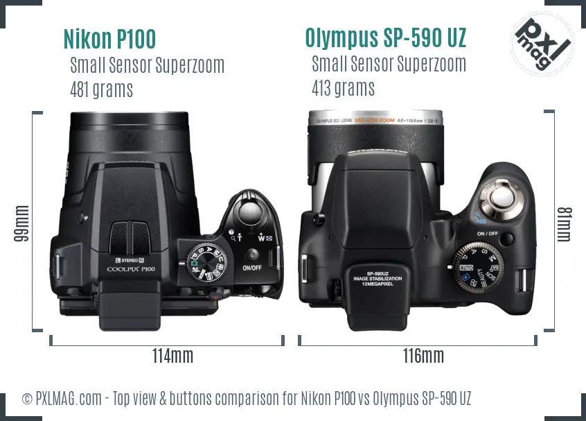Nikon P100 vs Olympus SP-590 UZ top view buttons comparison Nikon P100 vs Olympus SP-590 UZ top view buttons comparison