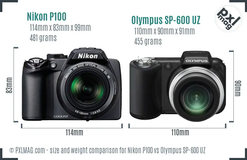 Nikon P100 vs Olympus SP-600 UZ size comparison