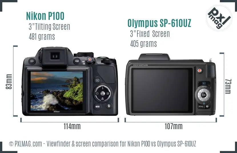 Nikon P100 vs Olympus SP-610UZ Screen and Viewfinder comparison
