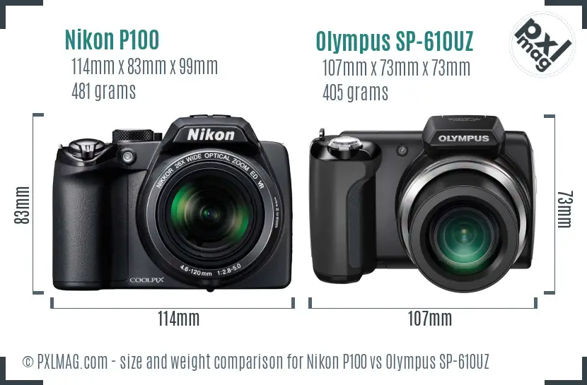 Nikon P100 vs Olympus SP-610UZ size comparison