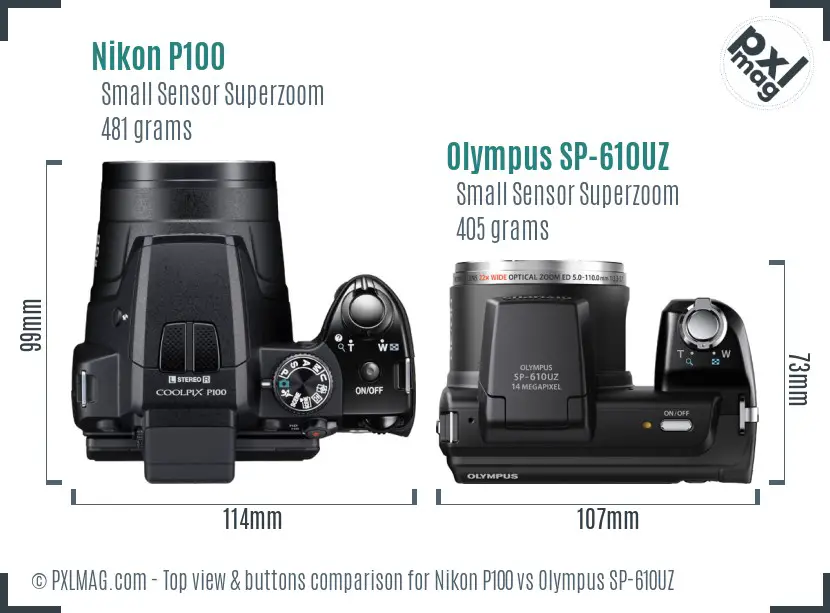 Nikon P100 vs Olympus SP-610UZ top view buttons comparison