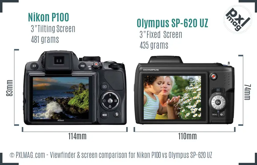 Nikon P100 vs Olympus SP-620 UZ Screen and Viewfinder comparison