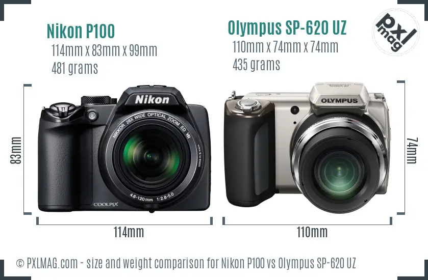 Nikon P100 vs Olympus SP-620 UZ size comparison