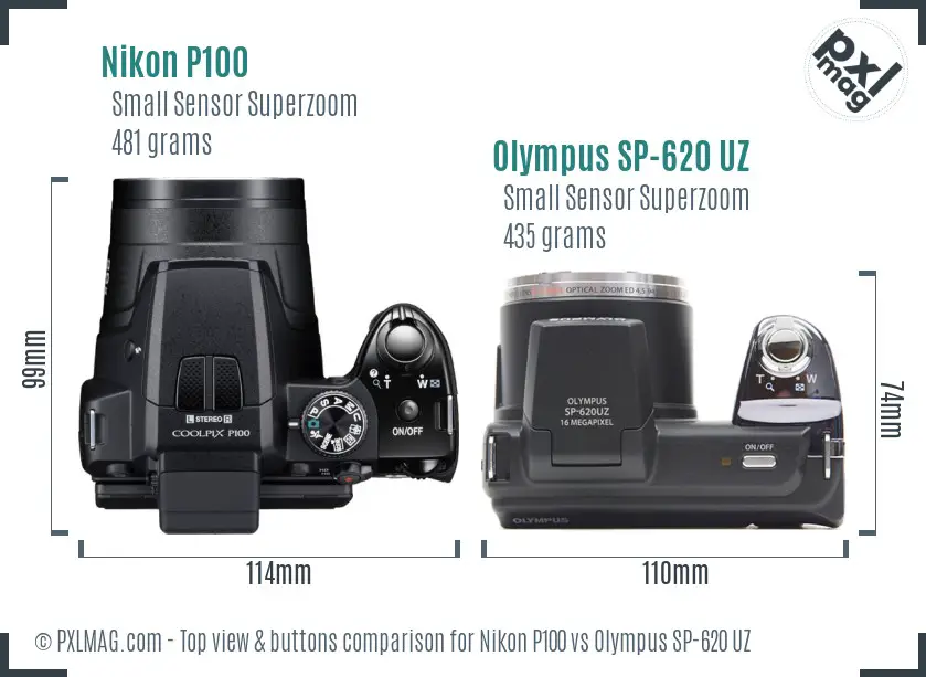 Nikon P100 vs Olympus SP-620 UZ top view buttons comparison