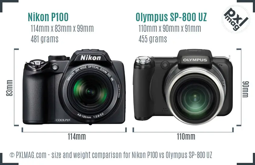 Nikon P100 vs Olympus SP-800 UZ size comparison