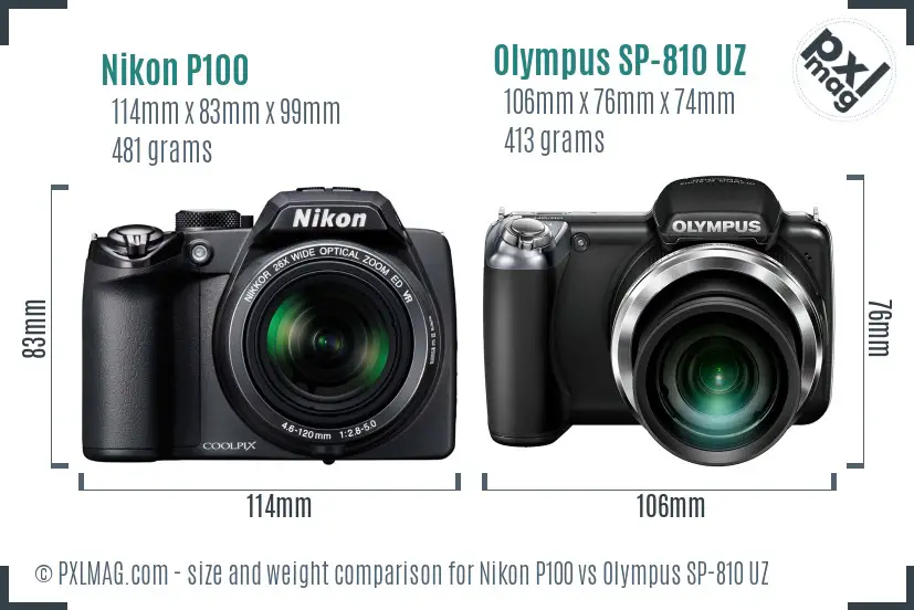 Nikon P100 vs Olympus SP-810 UZ size comparison