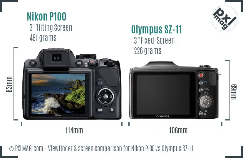 Nikon P100 vs Olympus SZ-11 Screen and Viewfinder comparison