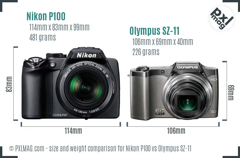 Nikon P100 vs Olympus SZ-11 size comparison