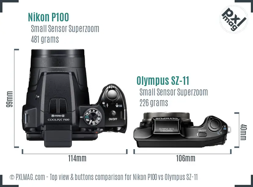 Nikon P100 vs Olympus SZ-11 top view buttons comparison