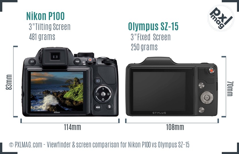 Nikon P100 vs Olympus SZ-15 Screen and Viewfinder comparison