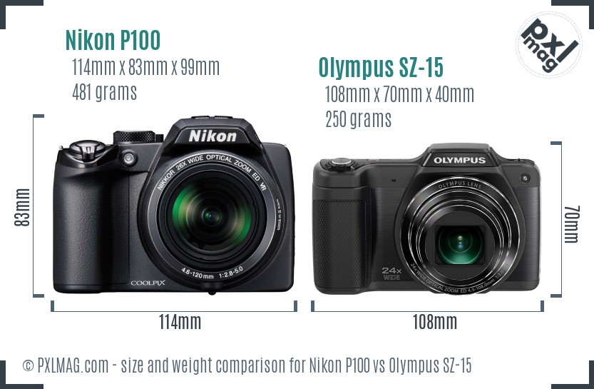 Nikon P100 vs Olympus SZ-15 size comparison