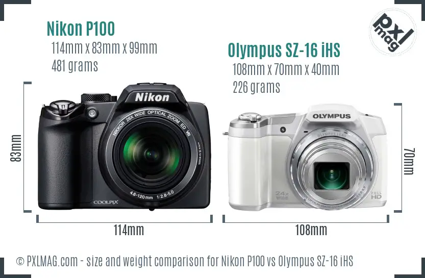 Nikon P100 vs Olympus SZ-16 iHS size comparison