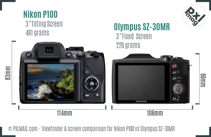 Nikon P100 vs Olympus SZ-30MR Screen and Viewfinder comparison