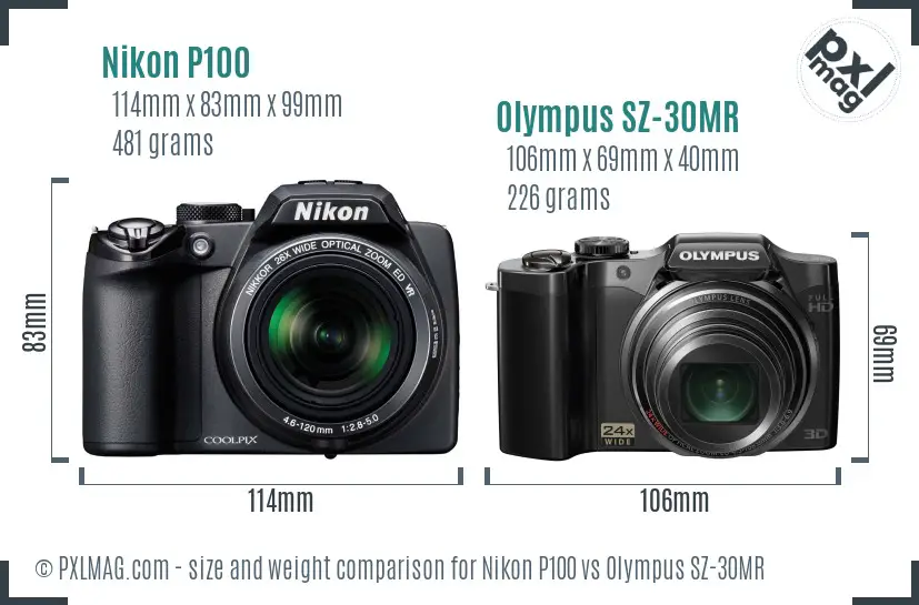 Nikon P100 vs Olympus SZ-30MR size comparison