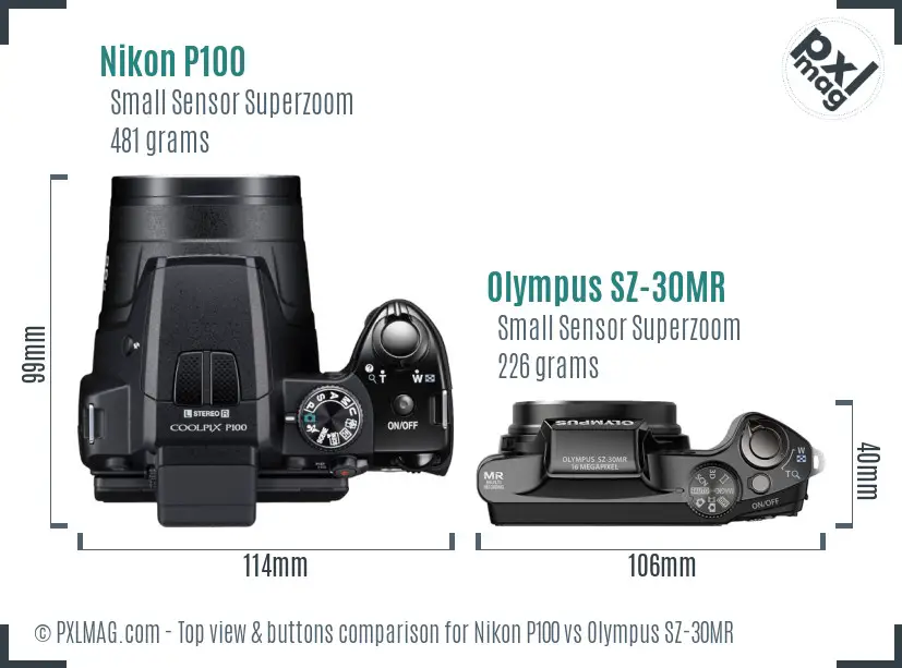 Nikon P100 vs Olympus SZ-30MR top view buttons comparison
