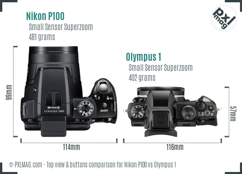 Nikon P100 vs Olympus 1 top view buttons comparison Nikon P100 vs Olympus 1 top view buttons comparison
