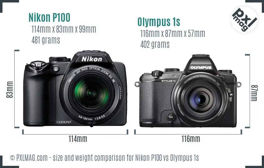 Nikon P100 vs Olympus 1s size comparison