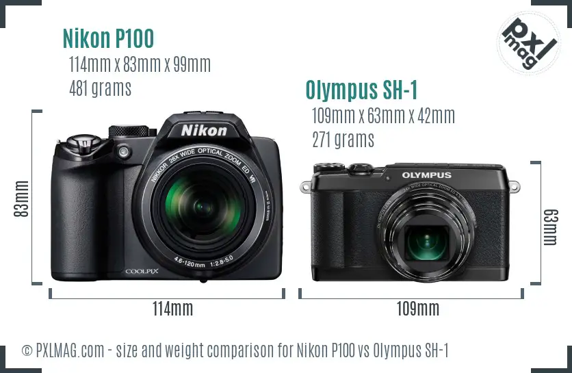 Nikon P100 vs Olympus SH-1 size comparison