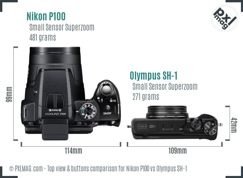 Nikon P100 vs Olympus SH-1 top view buttons comparison
