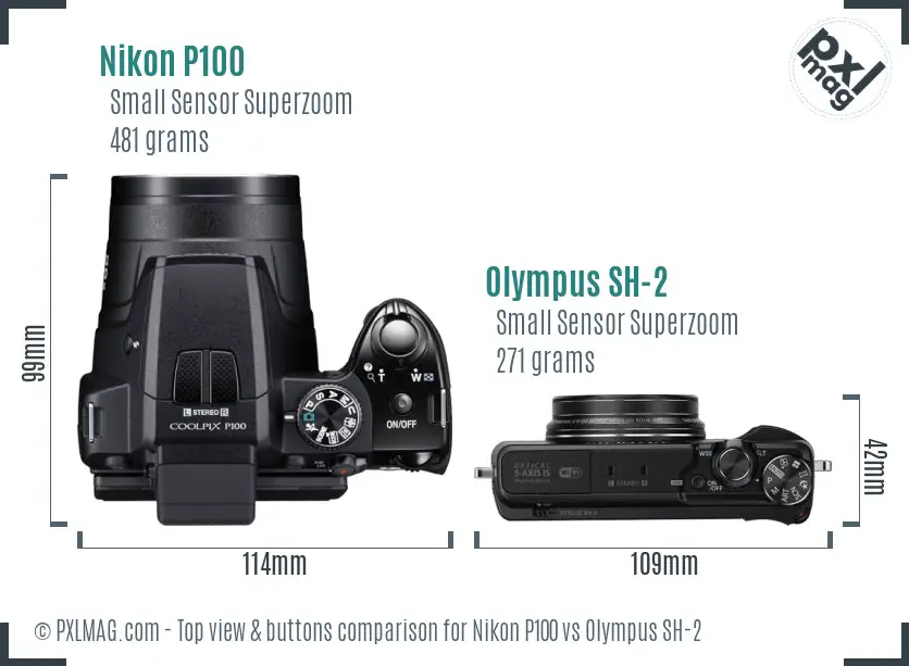 Nikon P100 vs Olympus SH-2 top view buttons comparison Nikon P100 vs Olympus SH-2 top view buttons comparison