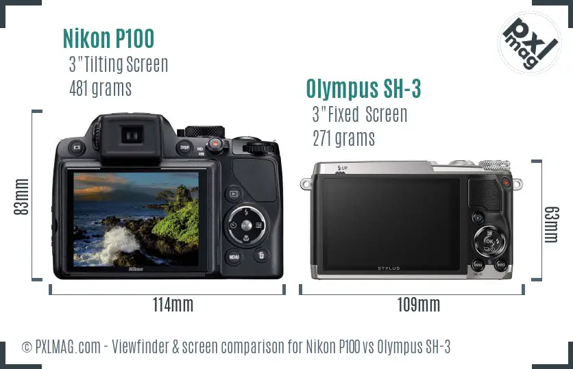 Nikon P100 vs Olympus SH-3 Screen and Viewfinder comparison