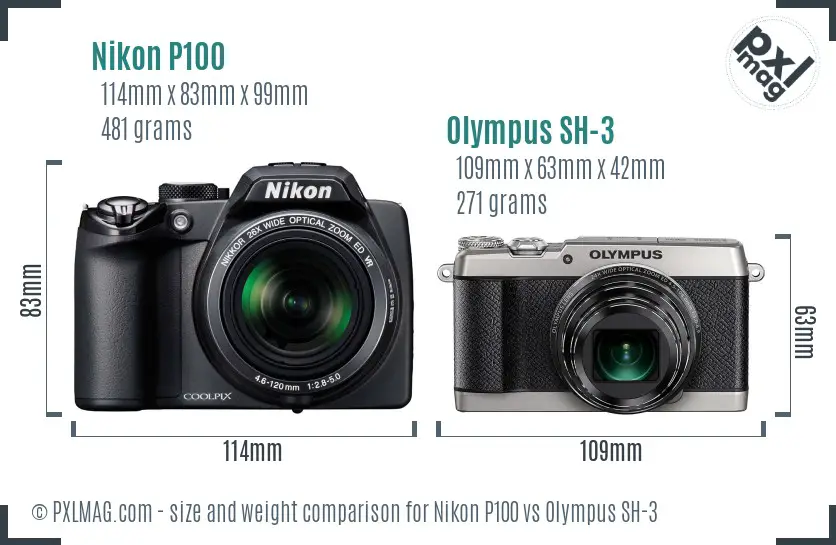 Nikon P100 vs Olympus SH-3 size comparison