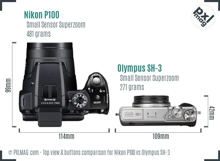 Nikon P100 vs Olympus SH-3 top view buttons comparison