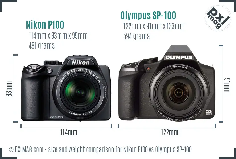 Nikon P100 vs Olympus SP-100 size comparison Nikon P100 vs Olympus SP-100 size comparison