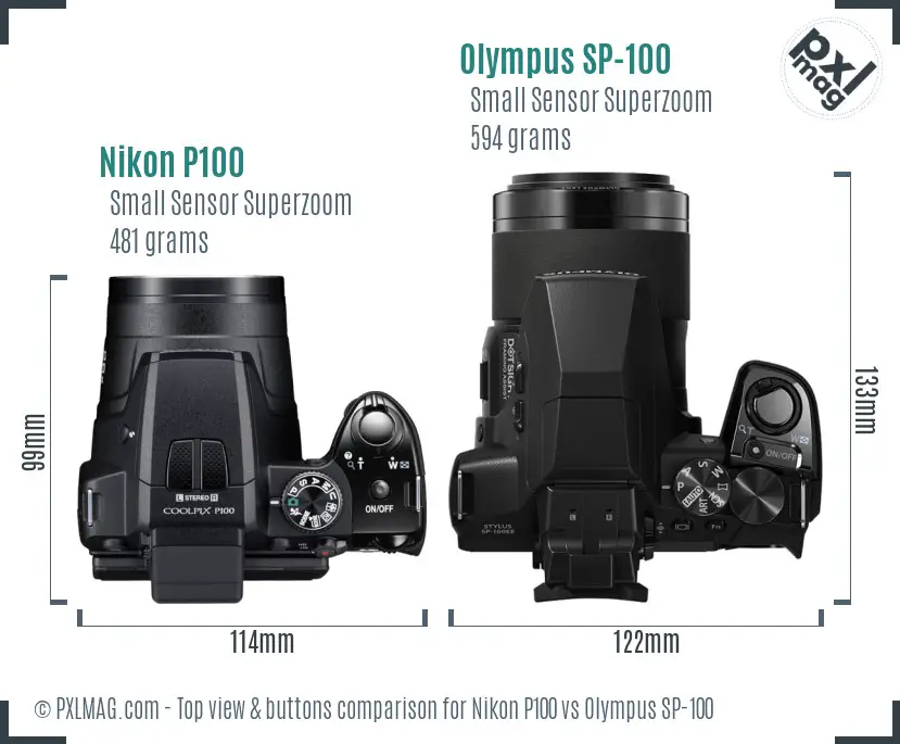 Nikon P100 vs Olympus SP-100 top view buttons comparison Nikon P100 vs Olympus SP-100 top view buttons comparison
