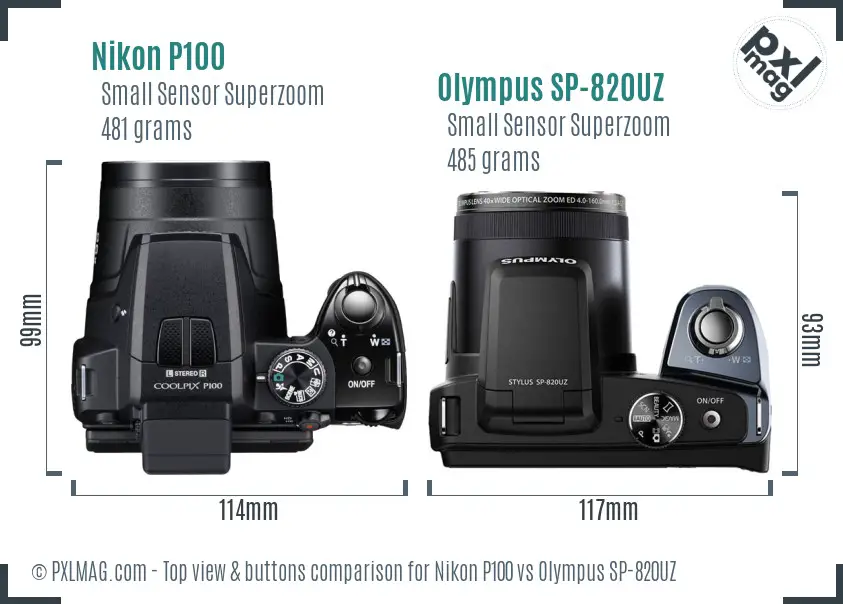 Nikon P100 vs Olympus SP-820UZ top view buttons comparison